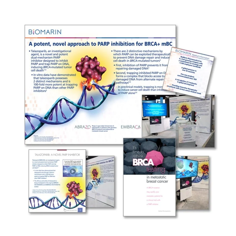 Exhibition display panels and banners about BRCA mutation testing and PARP inhibitors for breast cancer, featuring DNA helix diagrams and informational text.