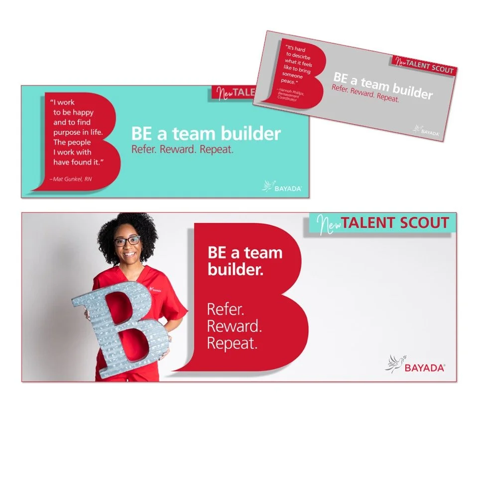 A promotional poster featuring a woman in red scrubs holding a large letter B. The poster includes the slogan "BE a team builder. Refer. Reward. Repeat." and mentions "New Talent Scout". There are also two business cards with similar slogans and bran