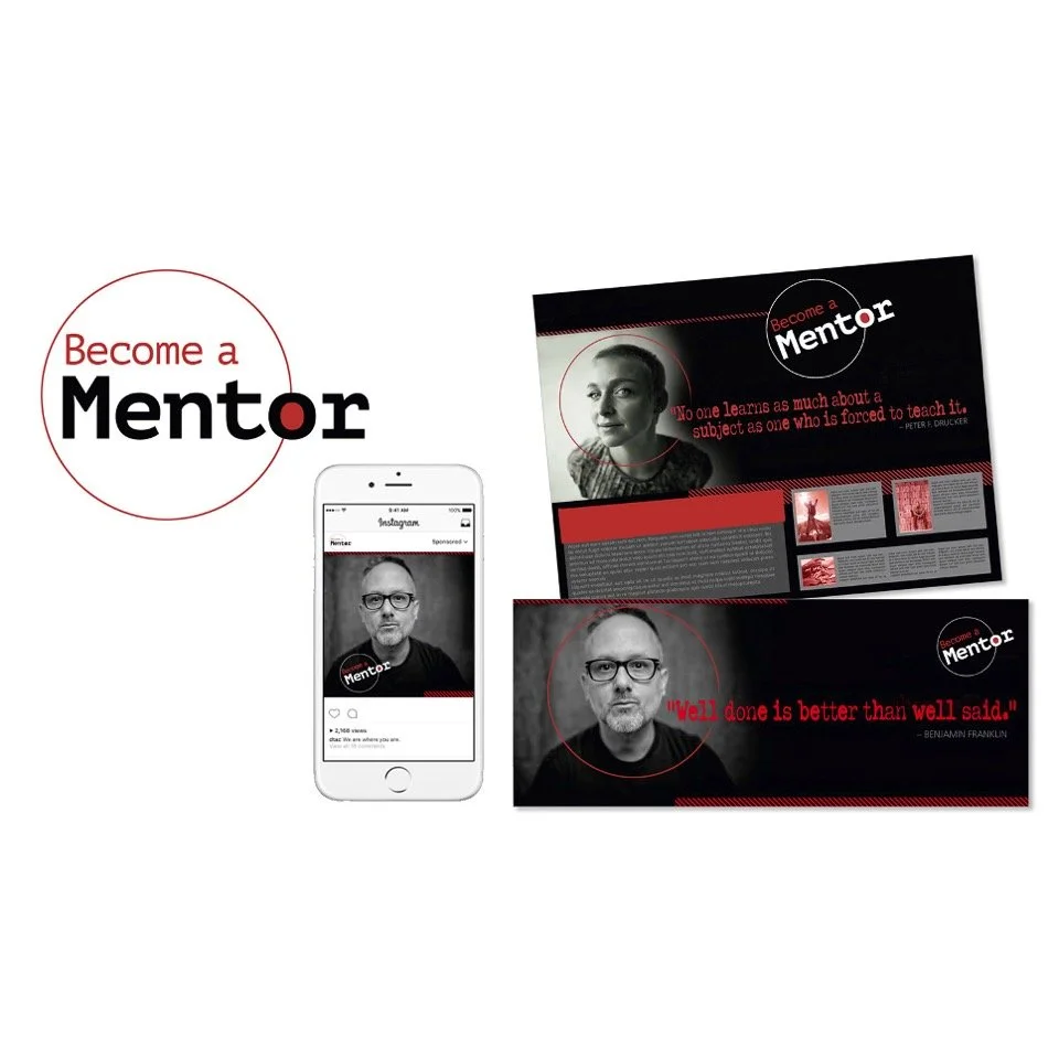 Promotional materials for becoming a mentor, including a graphic with the text "Become a Mentor", a quote by Benjamin Franklin, business cards with black and white photos, and a smartphone displaying an Instagram profile featuring a portrait of a man