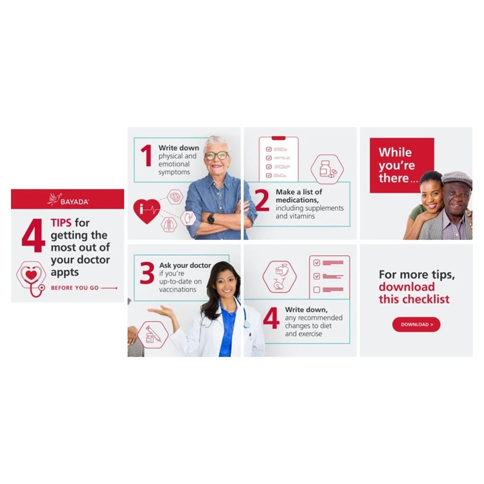 Infographic with four tips for getting the most out of doctor appointments, including writing down symptoms, making a medication list, asking about vaccinations, and noting recommended changes. Features images of a senior woman, a healthcare professi