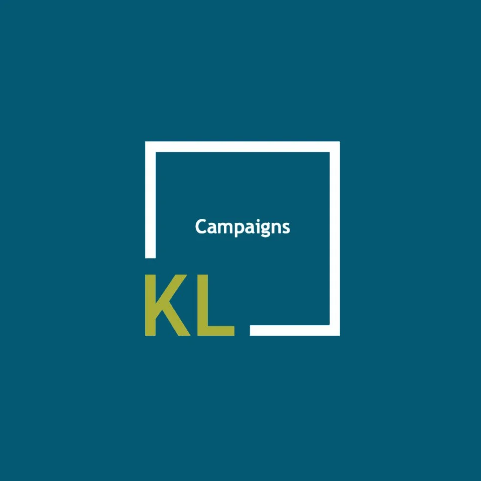 Logo with the words 'Campaigns' inside a white square outline and 'KL' in large olive green letters on a blue background.