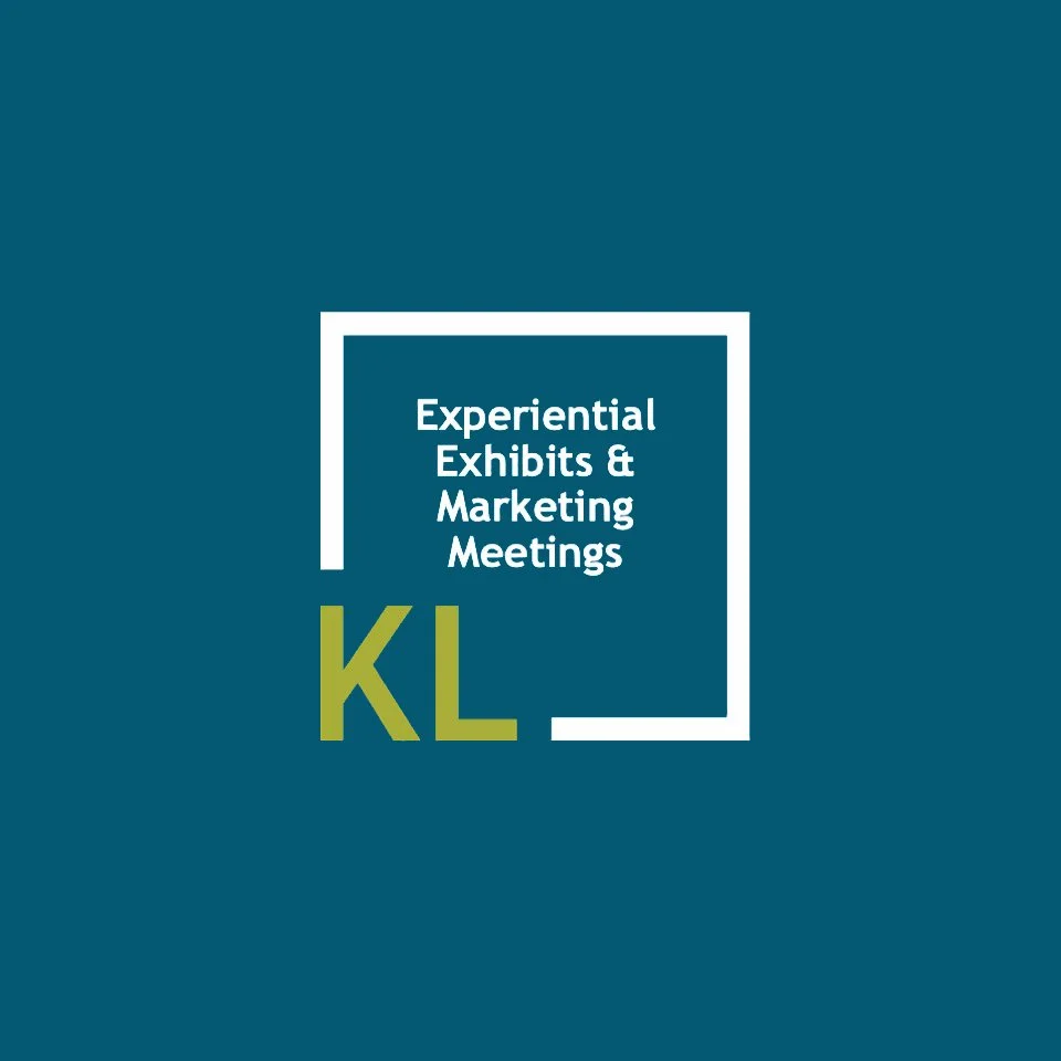 Logo for Experiential Exhibits & Marketing Meetings, with the letters KL in green and the rest of the text in white inside a white square outline on a dark teal background.