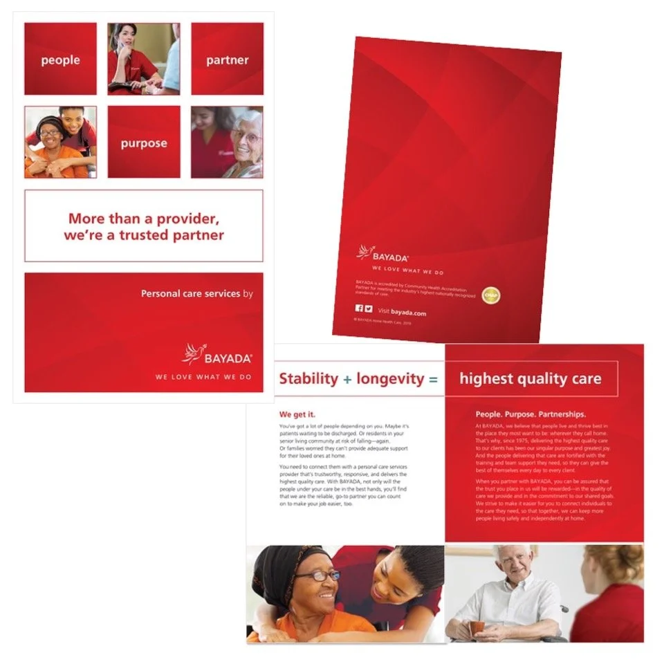Brochure for Bayada personal care services featuring images of diverse people and caregivers, with text highlighting trust, quality care, and compassion.