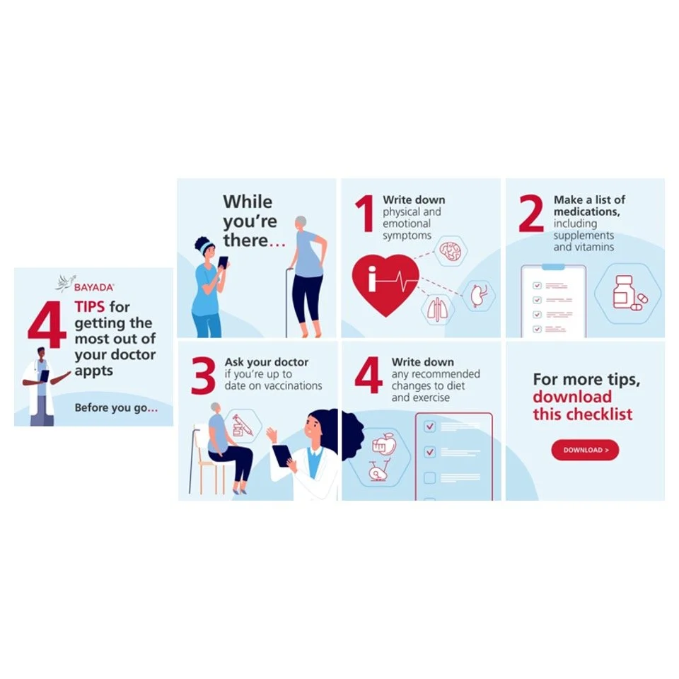 Infographic titled 'Tips for getting the most out of your doctor appointments' with four tips: 1. Write down physical and emotional symptoms; 2. Make a list of medications, including supplements and vitamins; 3. Ask your doctor if you're up to date o