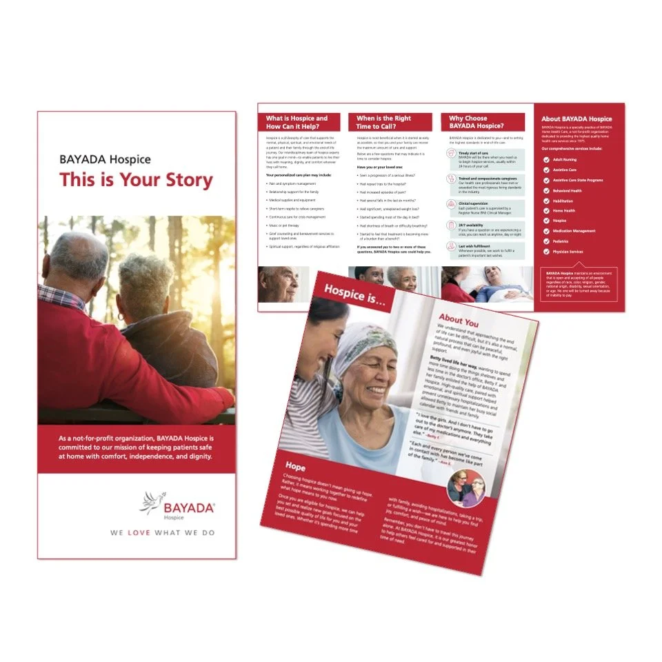 Brochure and pamphlets for BAYADA Hospice featuring images of elderly and caregiving scenes, with headings like "This is Your Story," "Hospice is...," and "About You."