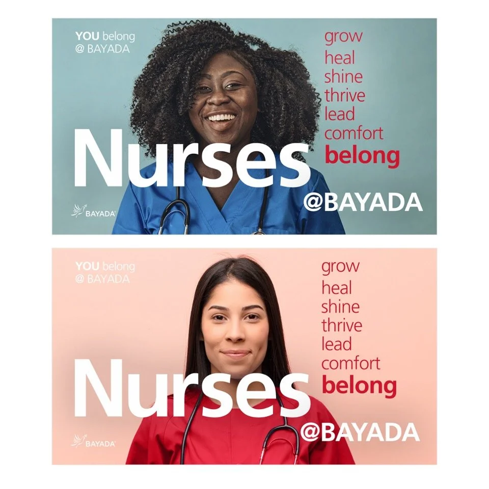 Two portrait photos of smiling nurses in uniform with stethoscopes, one African American woman in blue scrubs and one young woman of mixed ethnicity in red scrubs, surrounded by motivational words like grow, heal, shine, thrive, lead, comfort, and be