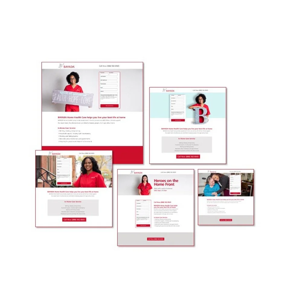 A collage of five website screenshots for BAYADA Home Health Care, featuring images of diverse women, health care information, and a contact form.