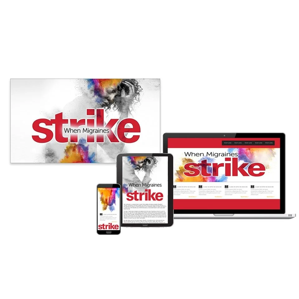 Digital devices showing a website about migraines with the title "When Migraines Strike" and colorful abstract artwork.