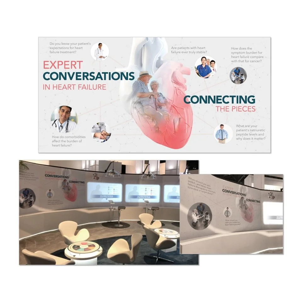 Exhibition display about expert conversations in heart failure, featuring a large heart graphic, images of doctors and patients, and questions about heart failure and patient care. Seating area with chairs and tables in a modern conference setting.