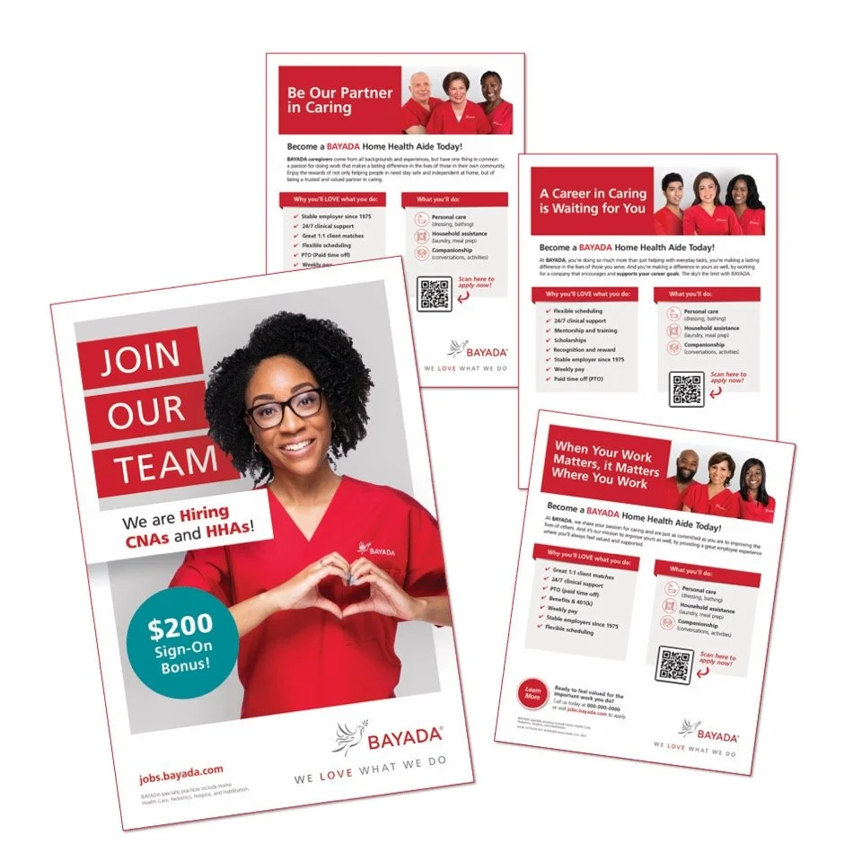 Flyers for BAYADA Home Health Aide job recruitment featuring diverse caregivers and text highlighting job benefits, a sign-on bonus, and instructions to apply, with QR codes for application.