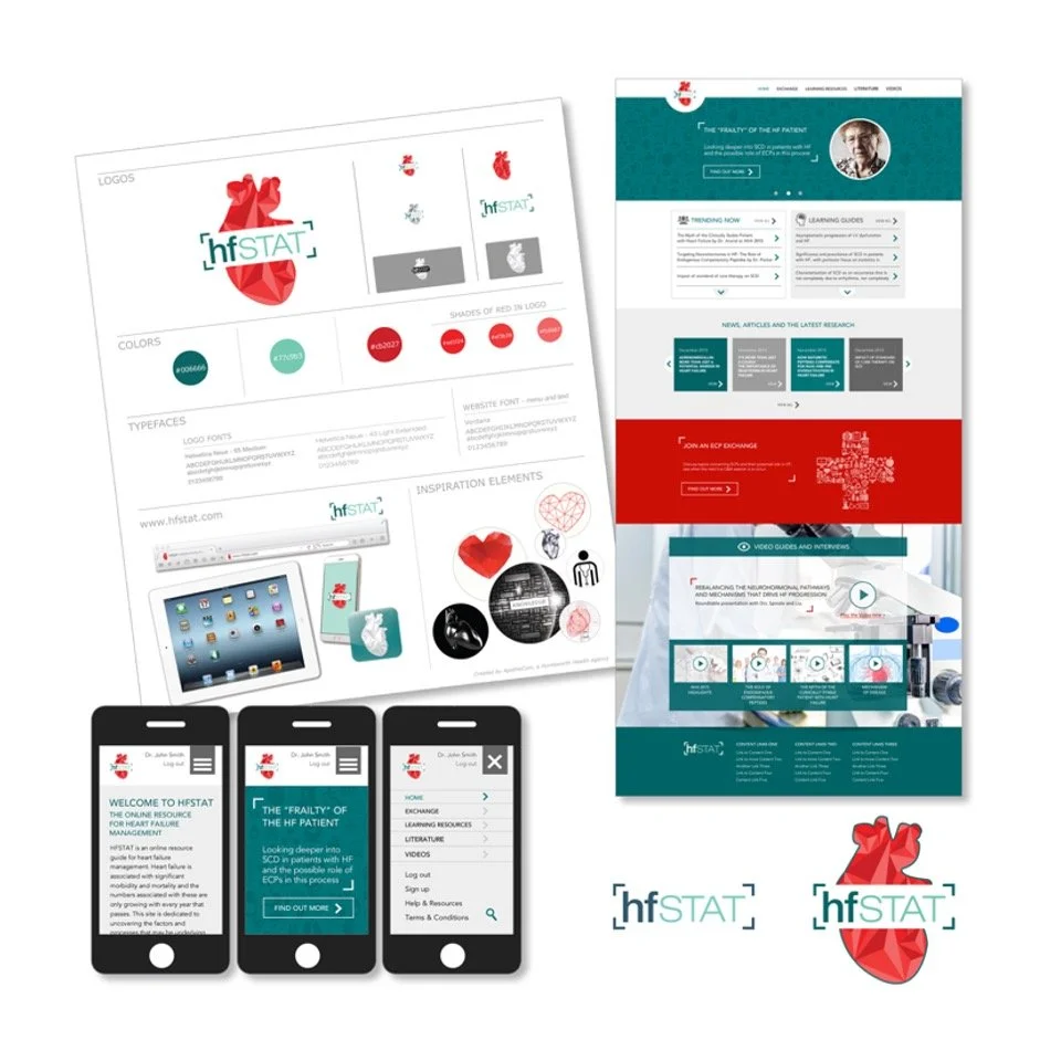 Design mockups of health-related website and mobile app branding, logo, color palette, font, and inspiration elements, featuring the 'hfSTAT' logo with a red gift box heart icon.