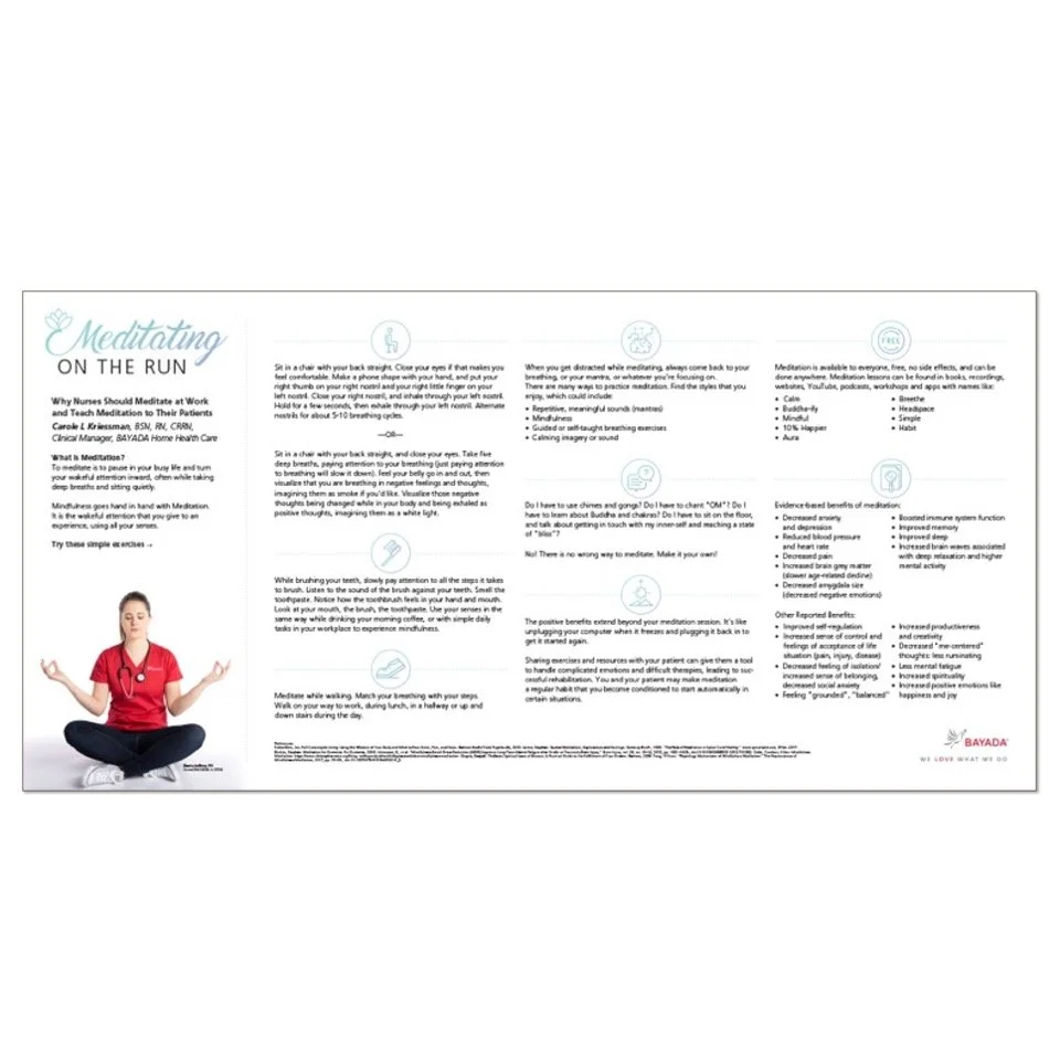 Information poster titled "Meditating on the Run" with instructions and benefits of meditation, featuring a woman in a red shirt sitting cross-legged, meditating.