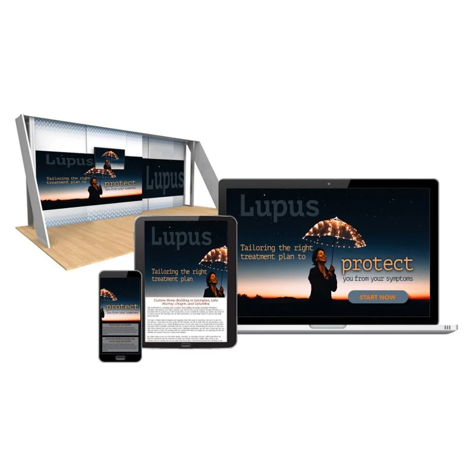 Digital devices displaying a website called 'Lupus' with a woman holding an umbrella against a sunset sky, on a screen, tablet, and phone, set up for a presentation or booth.