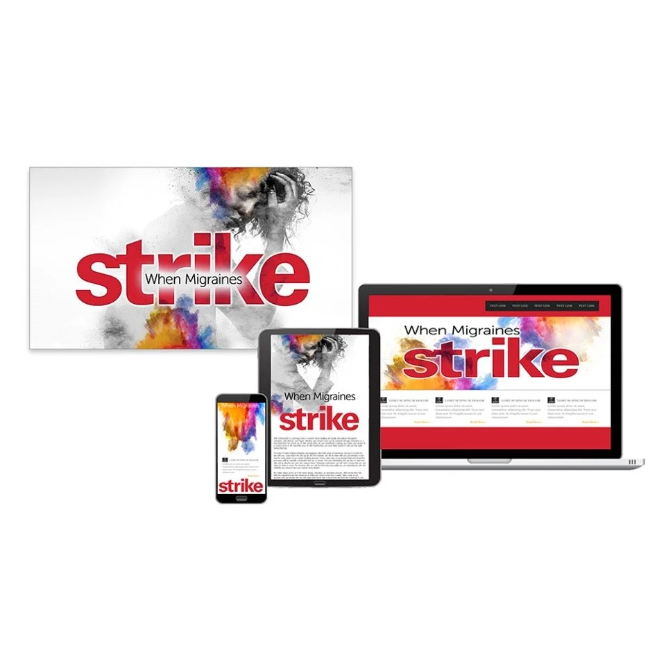 Multiple digital devices displaying an article titled "When Migraines Strike" with a graphic of a woman holding her head and colorful abstract elements.