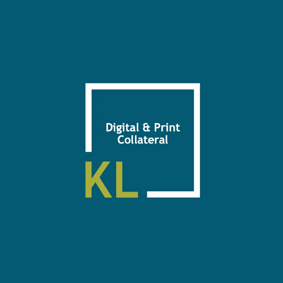 Logo with the initials 'KL' and text 'Digital & Print Collateral' inside a white square outline on a dark teal background.