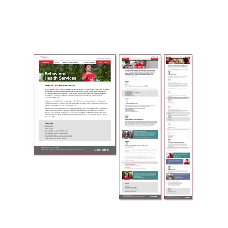 Three webpage screenshots related to behavioral health services, educational services, and therapy options, with red and white color schemes and images of children and adults.