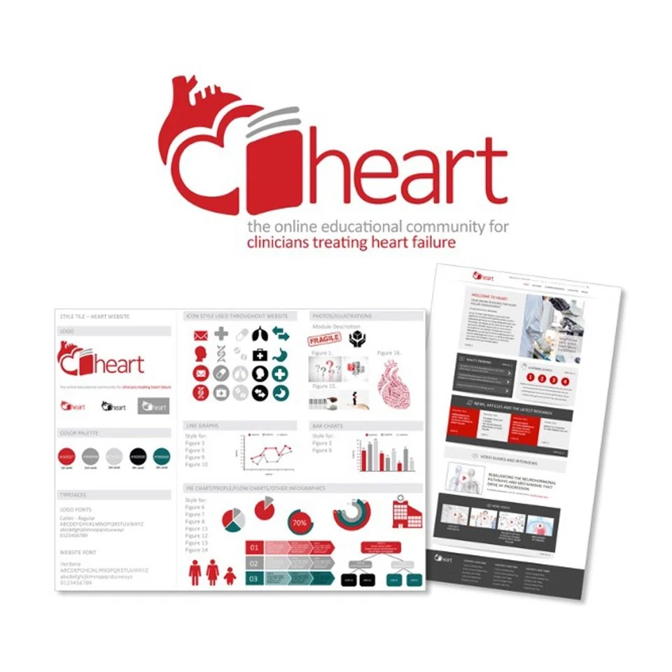 Website design for a community focused on treating heart failure with sections for icons, color palette, infographics, and sample pages, featuring a red and white heart logo and the text "heart" with the tagline "the online educational community for