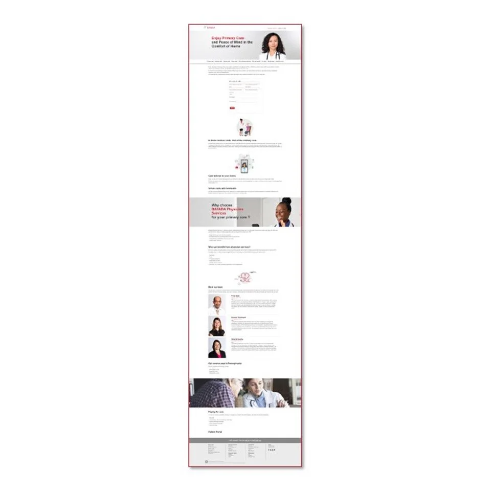 A long webpage with text, images, and sections about mental health care, including a woman in a white coat at the top, and various other images of professionals and patients.