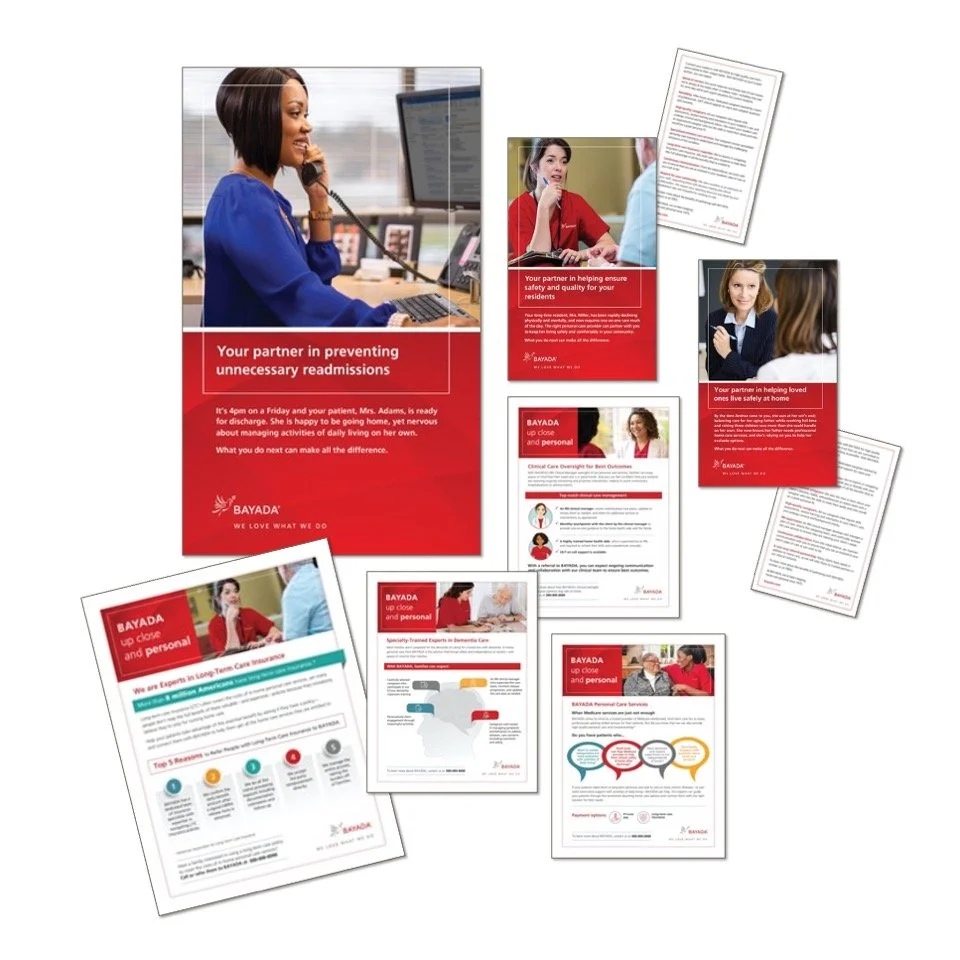 Collection of brochure and pamphlet pages from Bayada about healthcare services, including topics like preventing unnecessary readmissions, home safety, and caregiver support, featuring images of people talking and working.