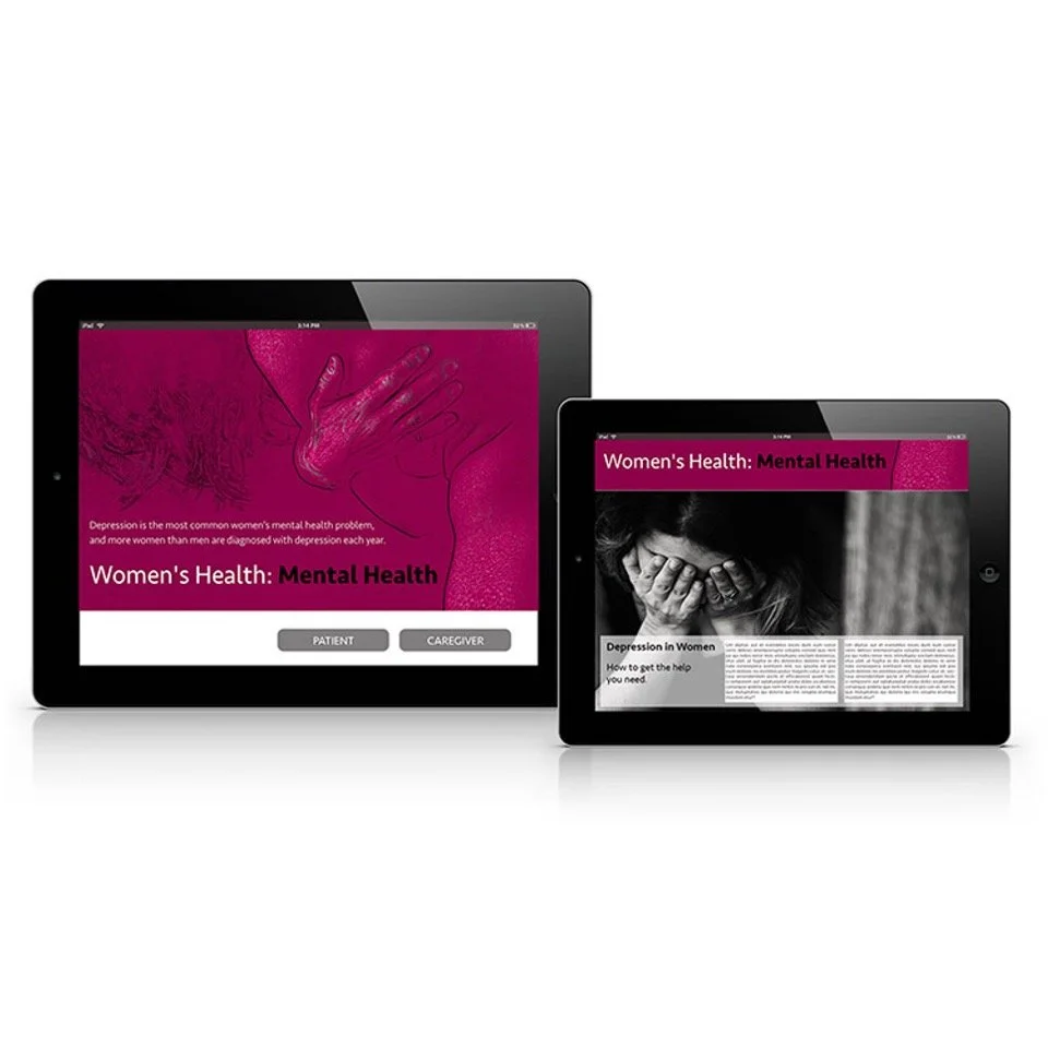 Two digital tablets displaying women's health information about mental health, one with a pink background and the other with a black and white photo of a distressed woman.