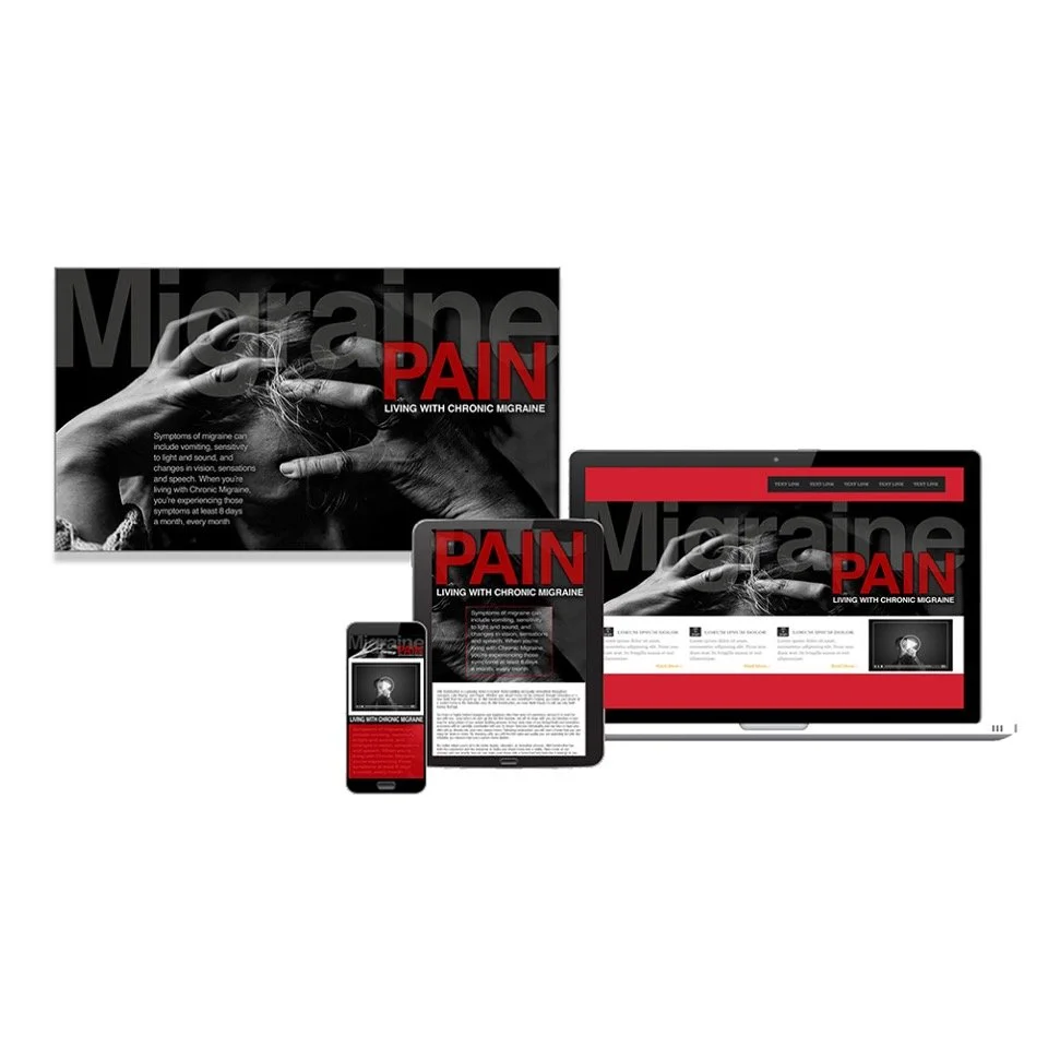 Digital devices including a website on a laptop, tablet, and smartphone displaying information about living with chronic migraine, with a black, white, and red color scheme and an image of a woman holding her head in pain.
