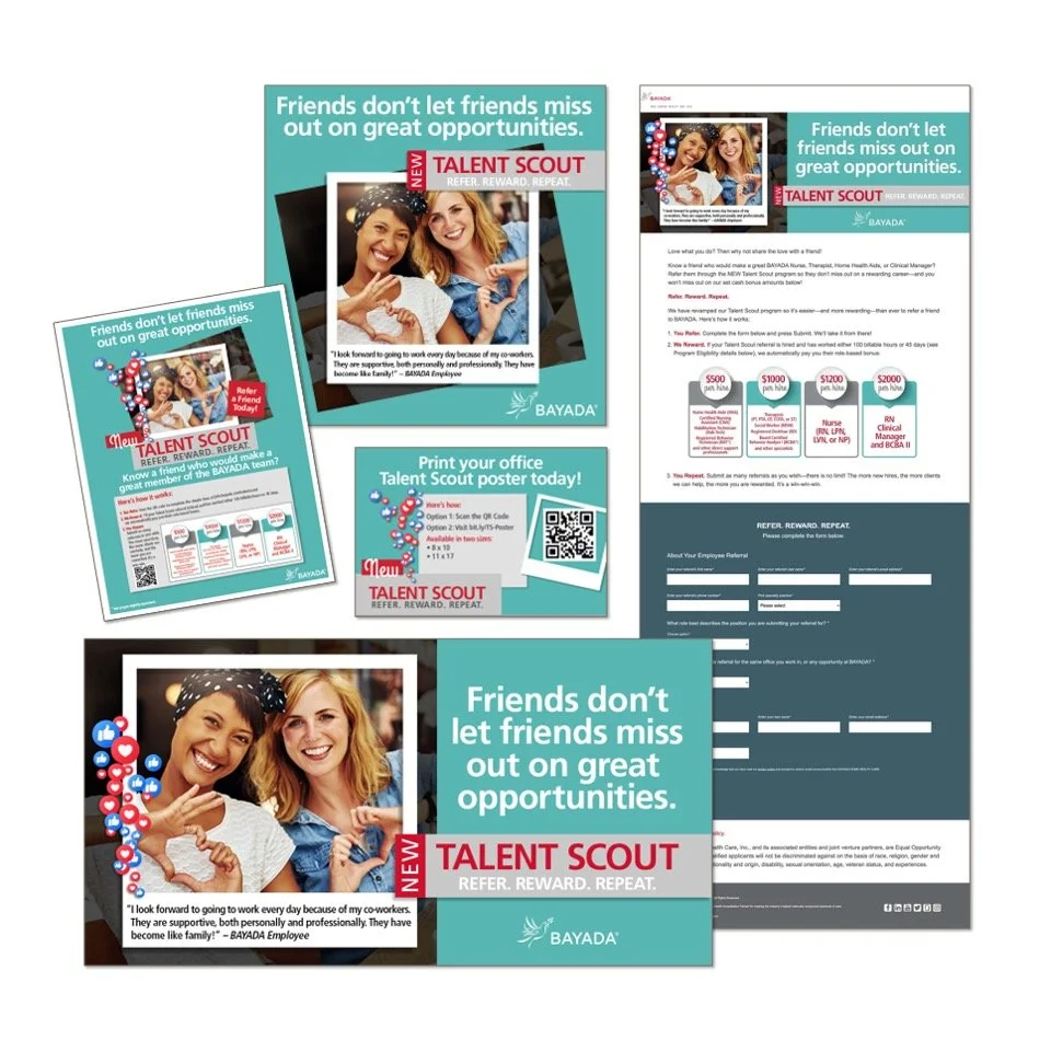 Promotion flyers for Bayada's Talent Scout program encouraging friends to refer friends for rewarding opportunities, featuring a photo of two smiling women, QR code for office use, and details about referral rewards.