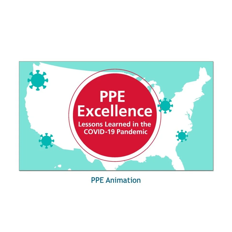 Map of the United States with a red circle in the center containing the text 'PPE Excellence Lessons Learned in the COVID-19 Pandemic'. There are illustrations of virus particles surrounding the circle.