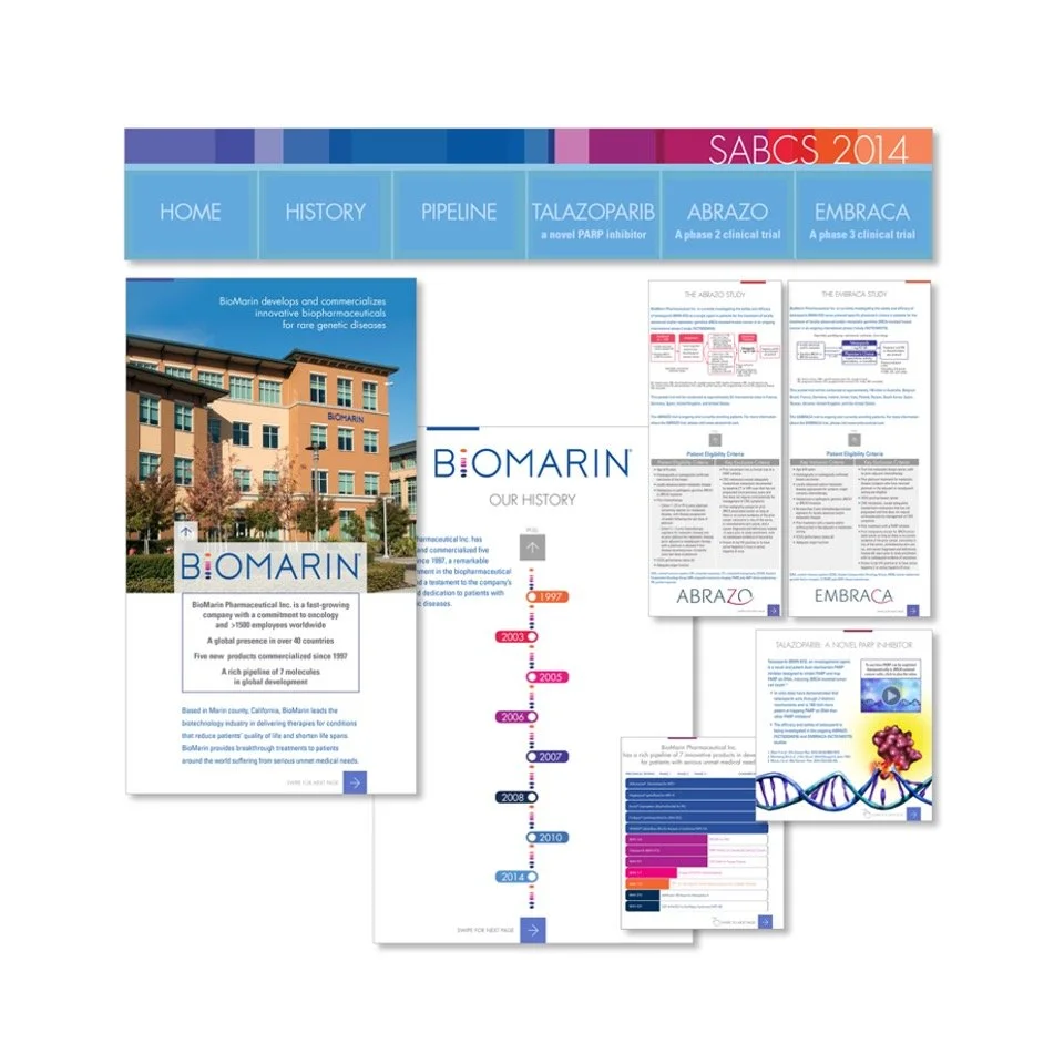 A collage of pharmaceutical company BioMarin's website pages and informational materials, including a timeline of company history from 1997 to 2014, and images of research and clinical studies for ABRAZO and EMBRACA trials.