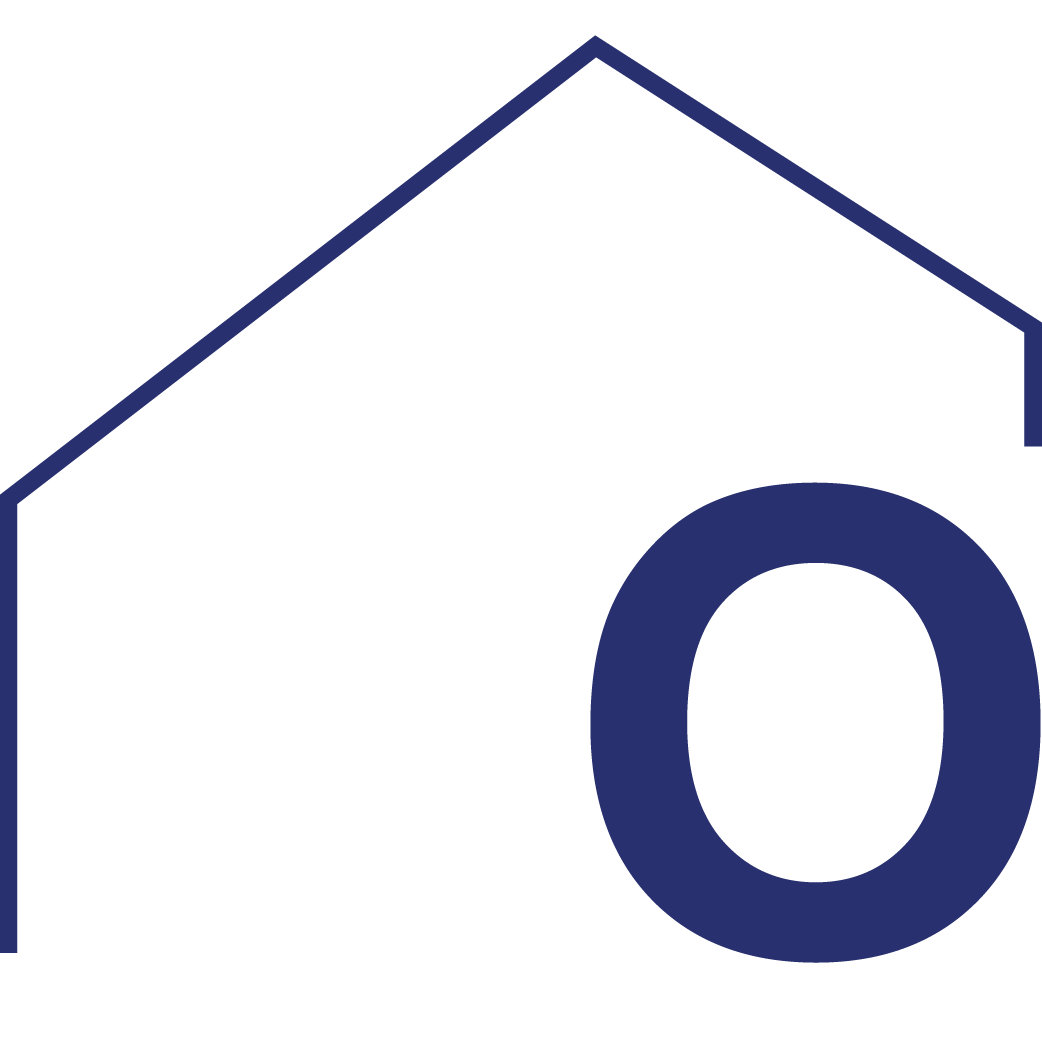 Outline of a house with a large letter O on the front.