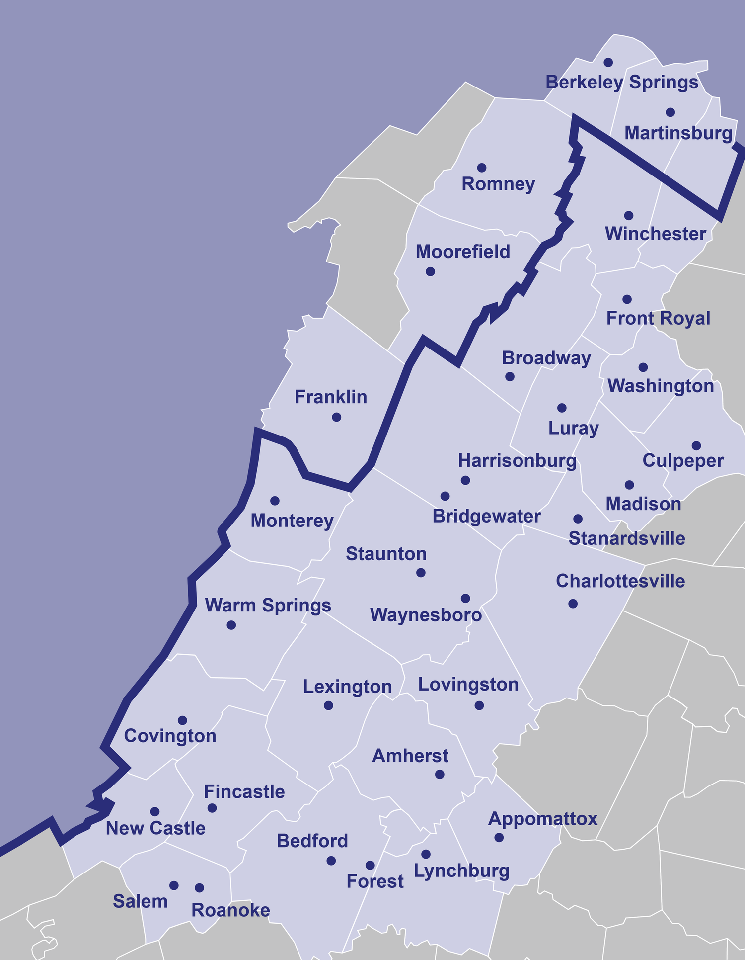 Map of Virginia with counties labeled, highlighting a route extending through multiple counties including Martinsburg, Berkeley Springs, Winchester, Front Royal, Culpeper, Washington, and others, with a thick dark line indicating the route.