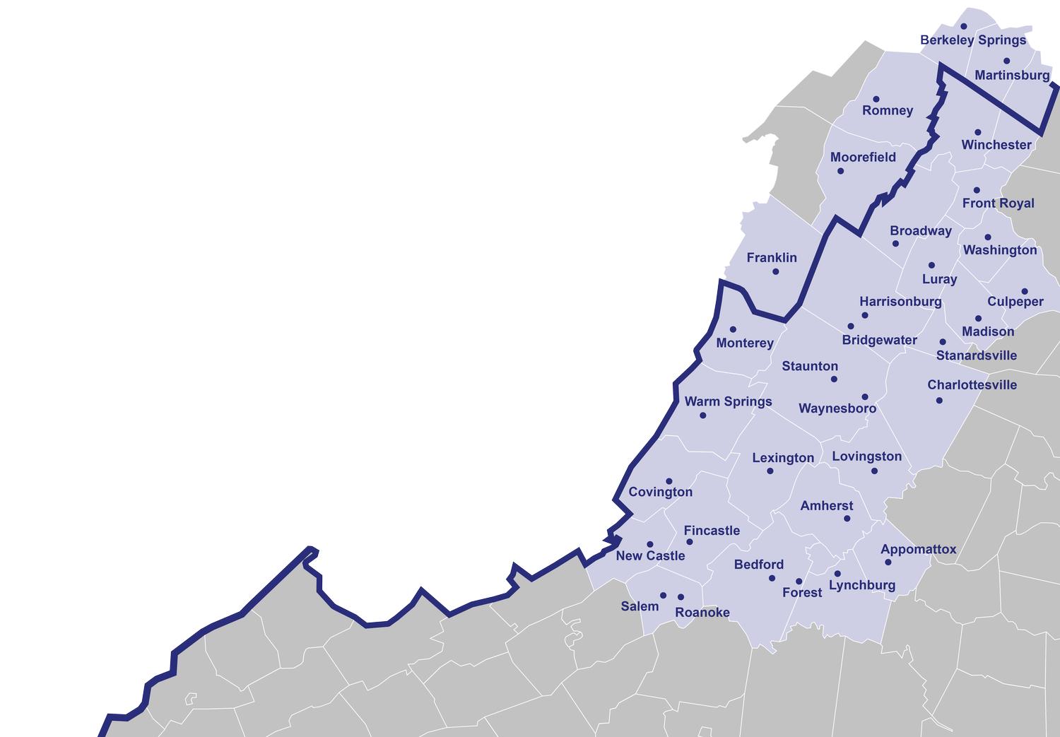 Map of West Virginia showing political boundaries, with city names labeled in blue, and a dark blue line marking a boundary or route.