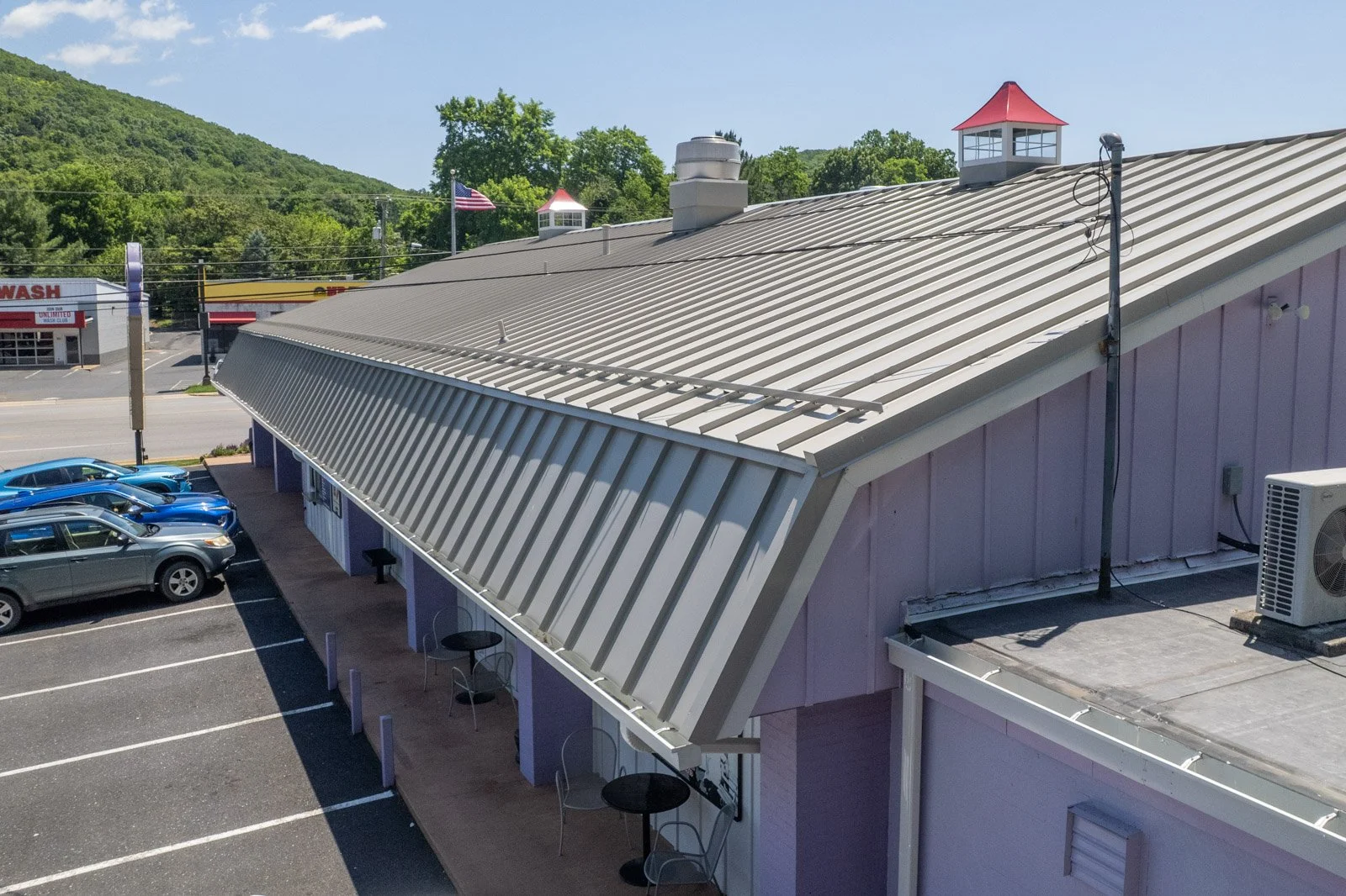 Back angle of metal roof for Kline's Dairy Bar in Staunton Virginia