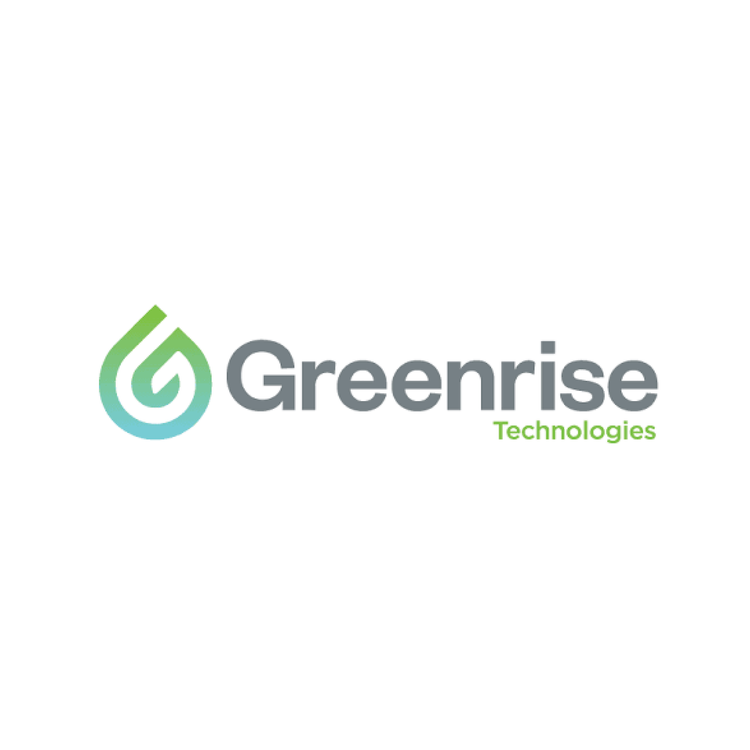Logo for Greenrise Technologies featuring a stylized leaf with gradient blue and green colors and the company name in gray and green text.