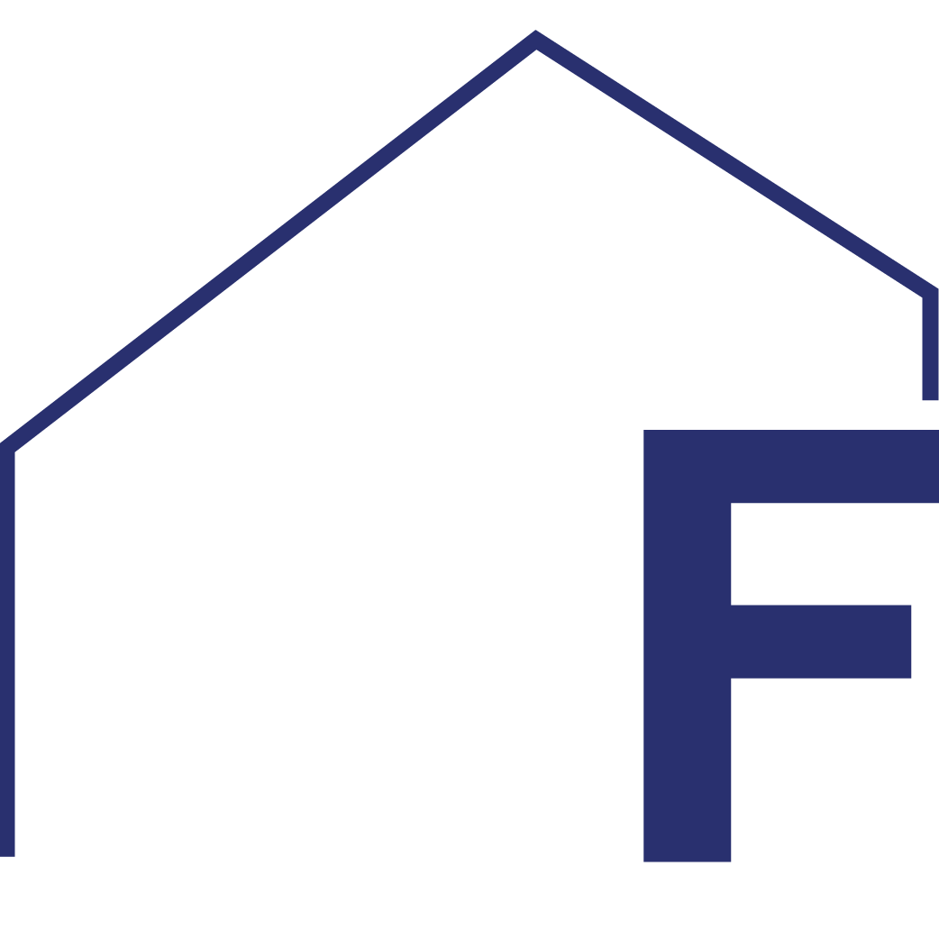 Stylized house outline with a large 'F' inside, rendered in dark blue lines.