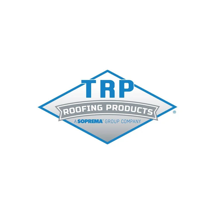 Logo for TRP Roofing Products, a Soprema Group Company, with blue and gray diamond-shaped design.