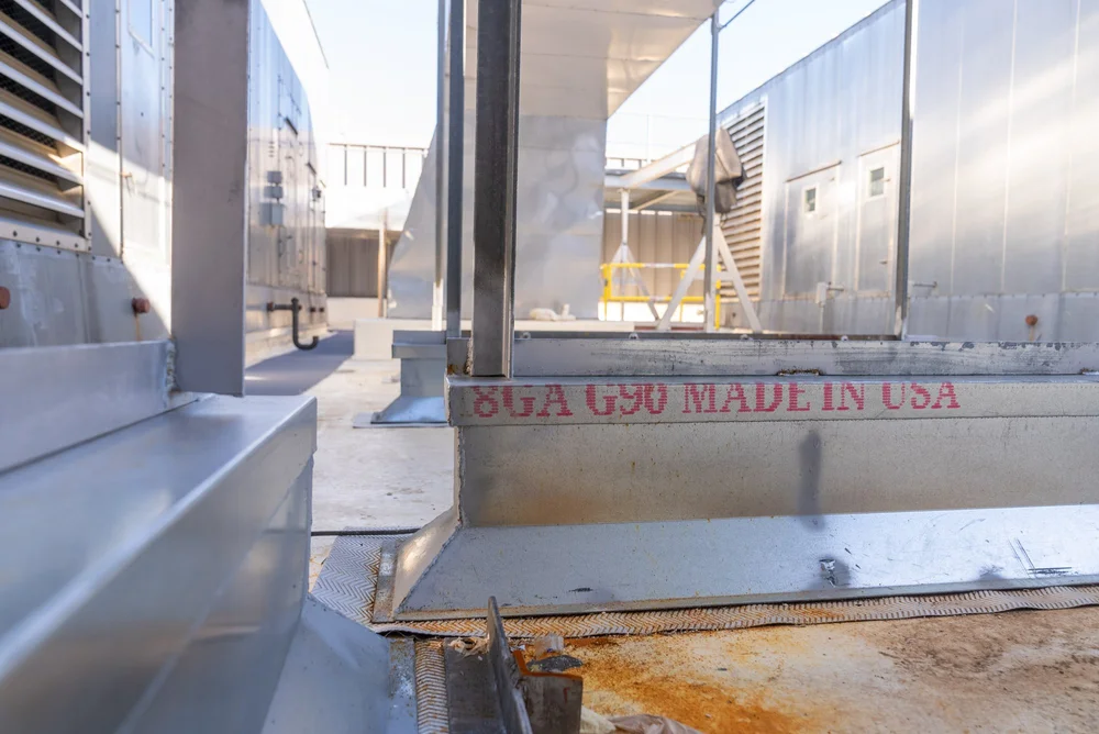 Close-up of a metal platform with the text 'GUA GGU MADE IN USA' in pink, located on a rooftop or industrial setting, with various metallic structures and pipes in the background.