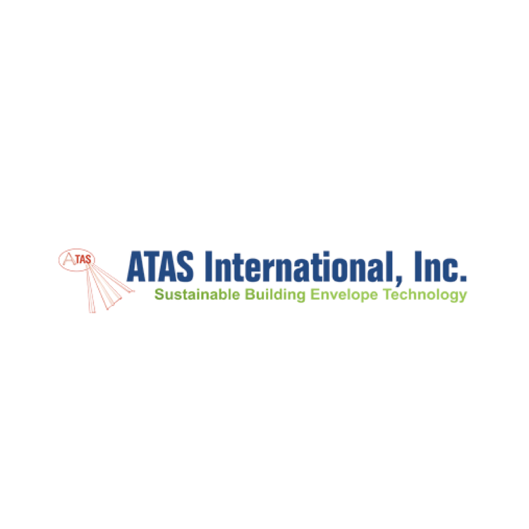 Logo of ATAS International, Inc. with text 'Sustainable Building Envelope Technology' and an abstract graphic of sun rays with the word 'ATAS' in red.