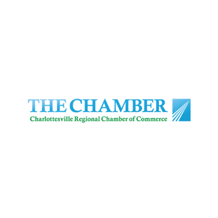 Logo of The Chamber, Charlottesville Regional Chamber of Commerce, with blue and green text and a blue graphic element.