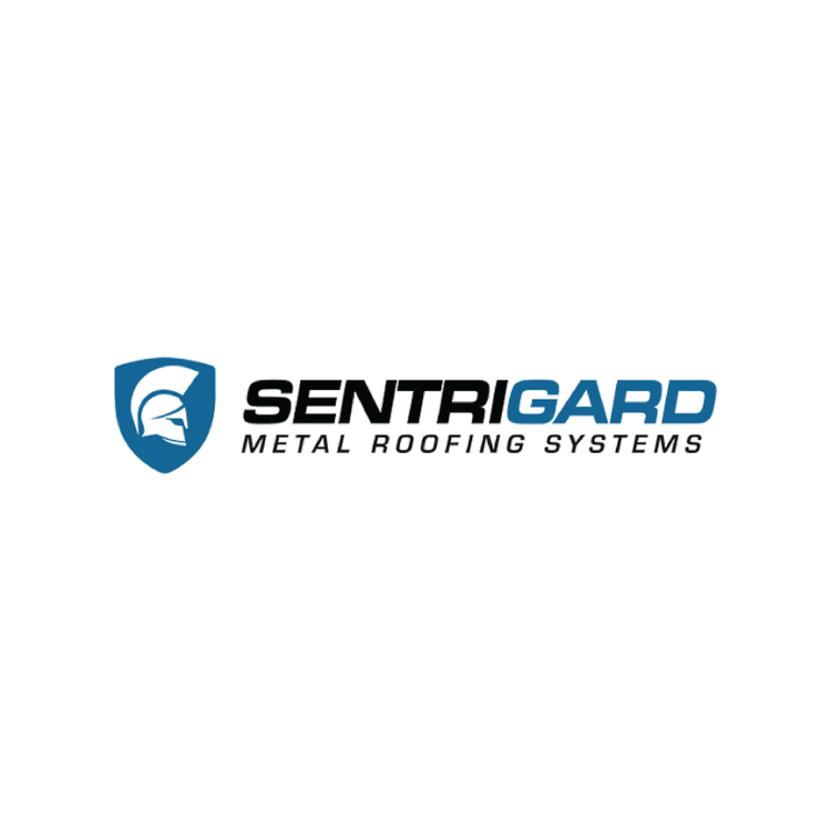 SaleSentriGard Metal Roofing Systems logo featuring a shield with a helmeted figure's profile in navy blue and black text.