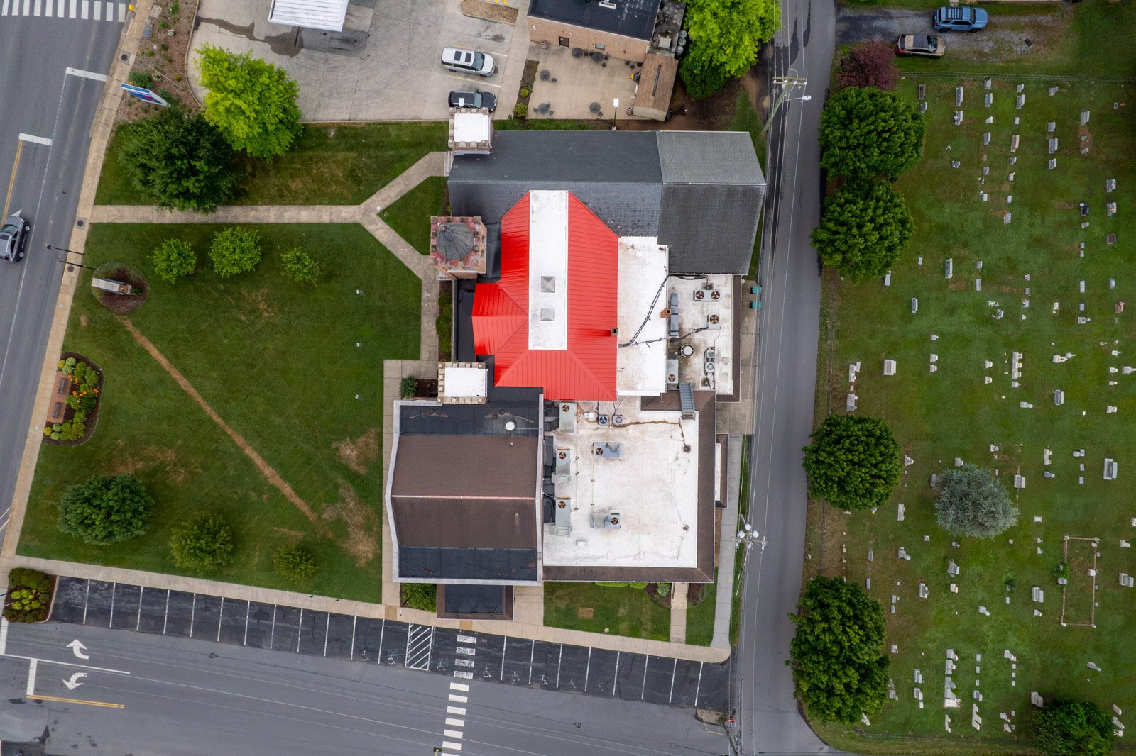 bird eye view of the bridgewater united methodist church roof