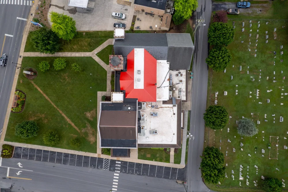 bird eye view of the bridgewater united methodist church roof
