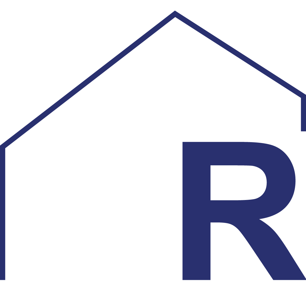 Outline of a house with a steep roof and the letter R in large font on the front, all in dark blue.