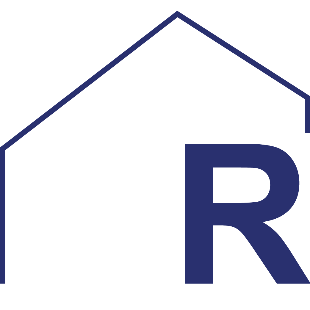 Outline of a house with a steep roof and the letter R in large font on the front, all in dark blue.