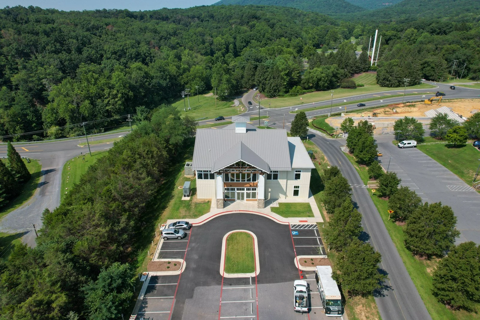 Aerial view of the completed Massanutten Timeshare Building and its metal roof in Massanutten, Virginia.
