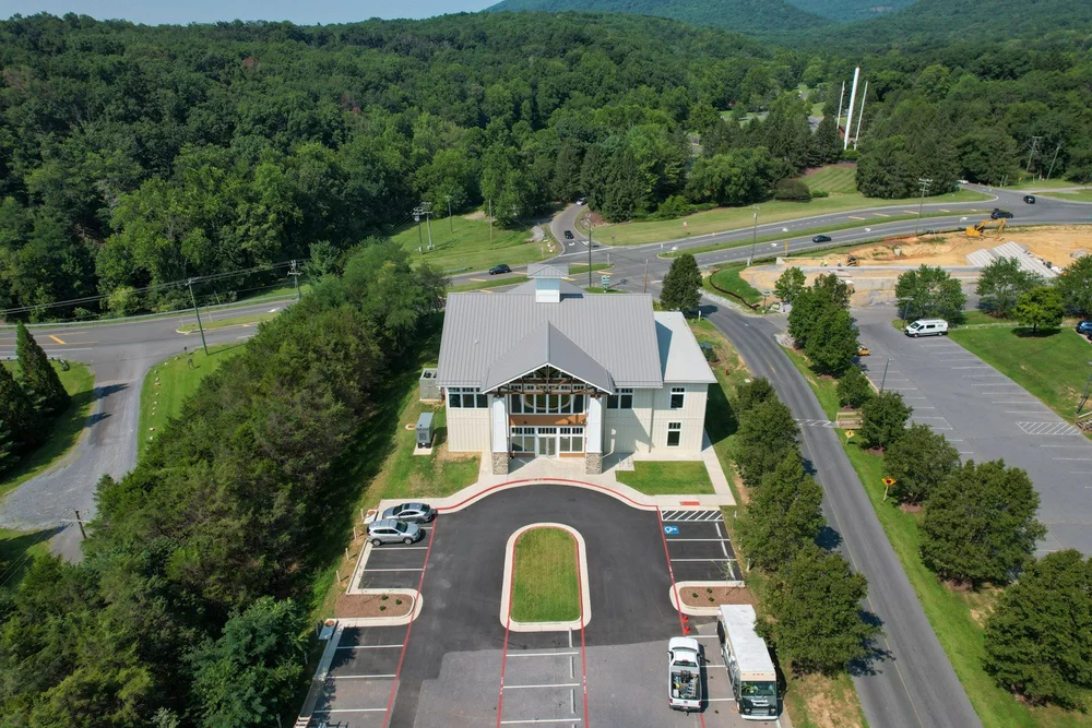 Aerial view of the completed Massanutten Timeshare Building and its metal roof in Massanutten, Virginia.