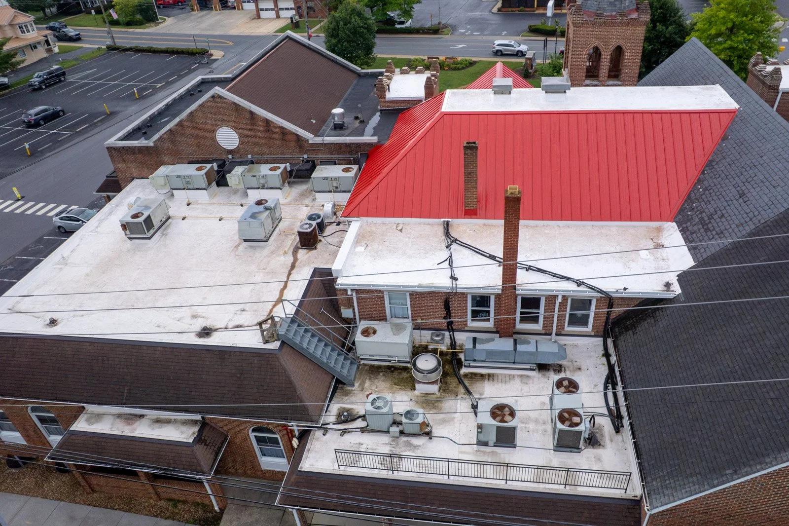 upward angle of the bridgewater united methodist church roof from the back side