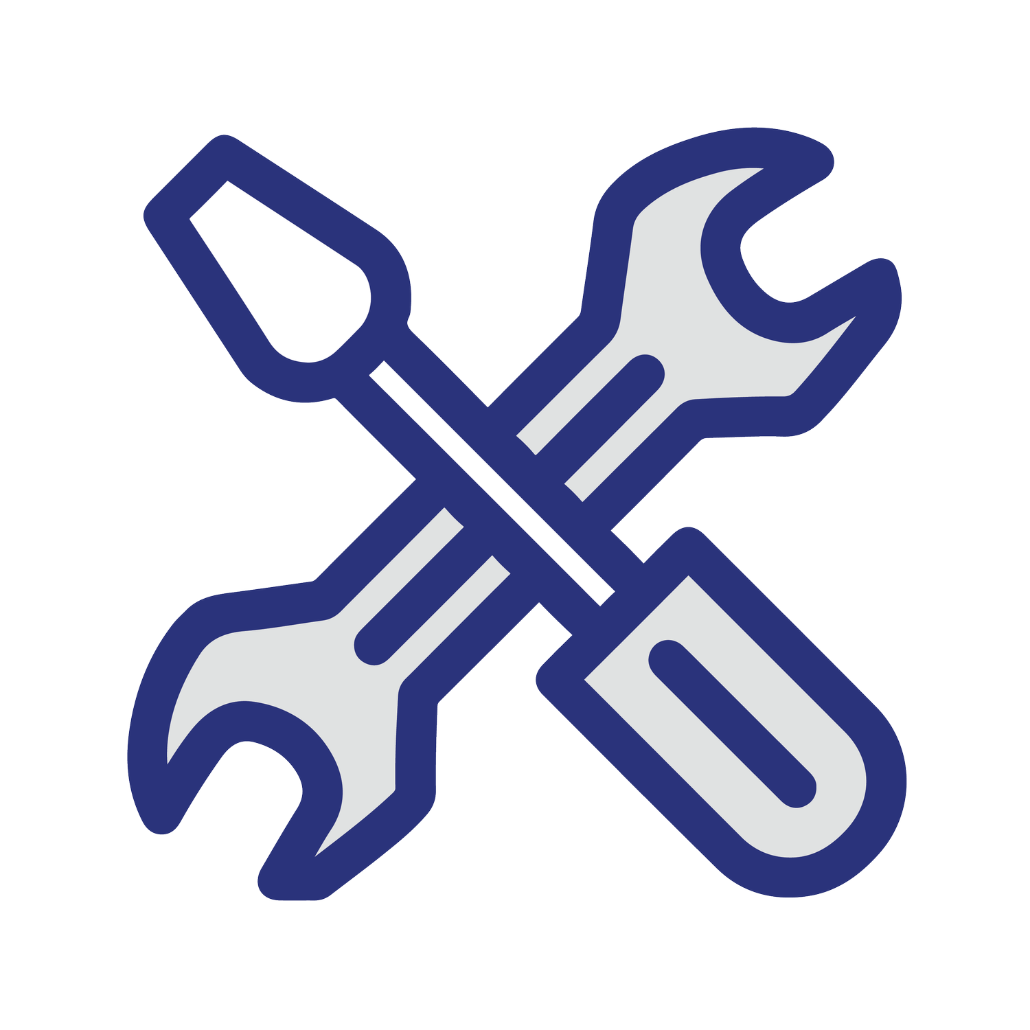 Icon of a screwdriver, wrench, and flathead screwdriver crossed, representing tools or repair.