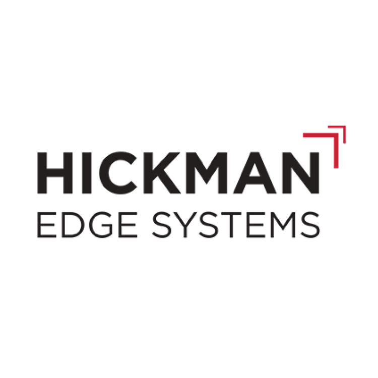 Logo for Hickman Edge Systems with the company name in bold black font and a red geometric design in the top right corner.