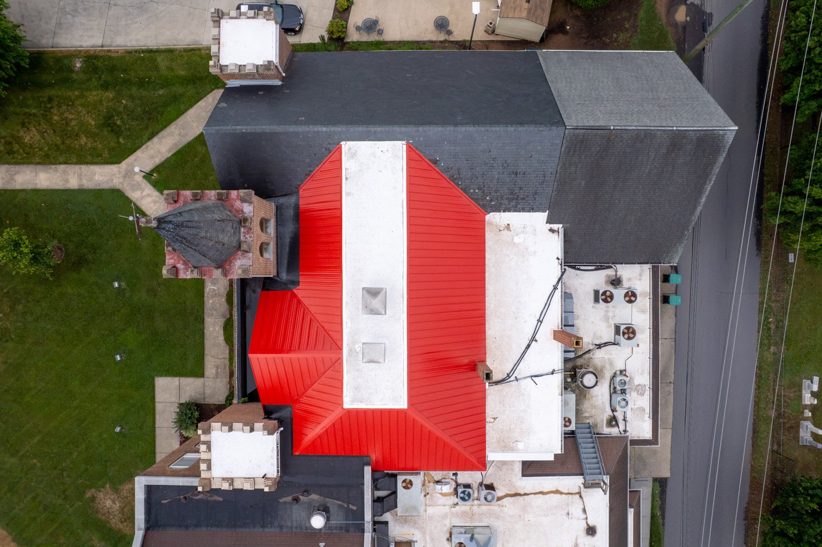 close up aerial image of a metal roof replacement