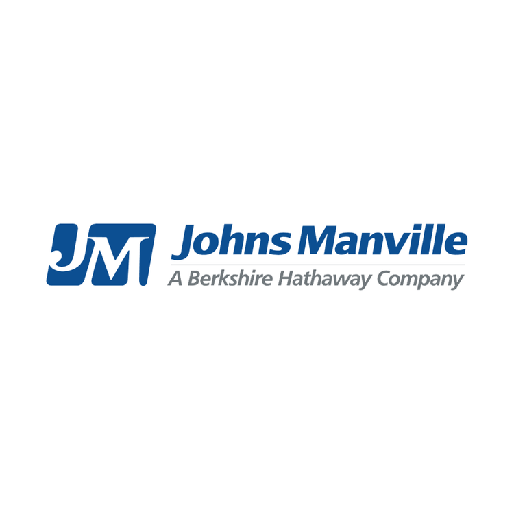 Johns Manville logo with blue JM initials, blue company name, and italicized tagline 'A Berkshire Hathaway Company' in gray.